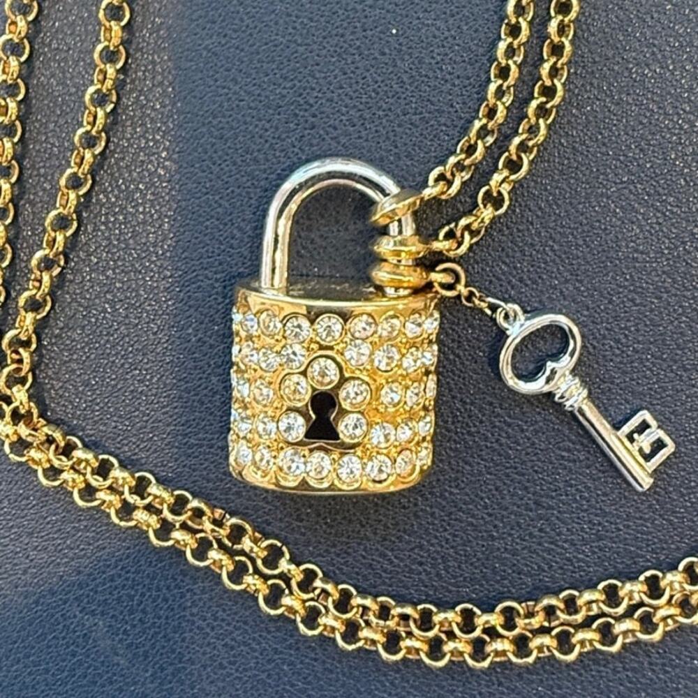 Vintage Joan Rivers Pave' Rhinestones Lock and Key Pendant Necklace
